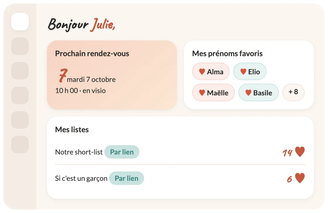 Accueil de l'espace parent : prochain rendez-vous, prénoms favoris et listes partagées