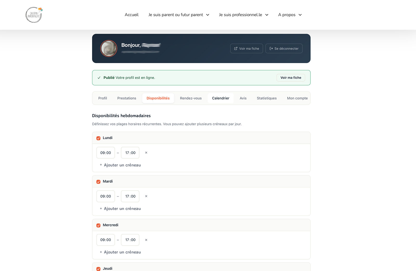 Gestionnaire de disponibilités pro - Calepin Parentalité